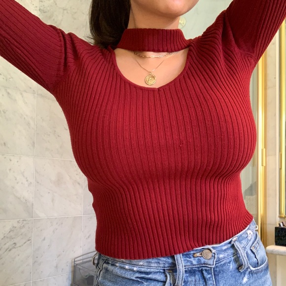 Maroon Sexy Cut-Out Knit Top - Picture 3 of 4